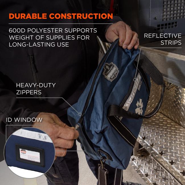 Durable construction: 600D polyester supports weight of supplies for long-lasting use. Reflective strips. Heavy-duty zippers. ID window.