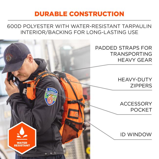 Durable construction: 600D polyester with water-resistant tarpaulin interior/backing for long-lasting use. Water resistant. Padded straps for transporting heavy gear. Heavy-duty zippers. Accessory pocket. ID window.