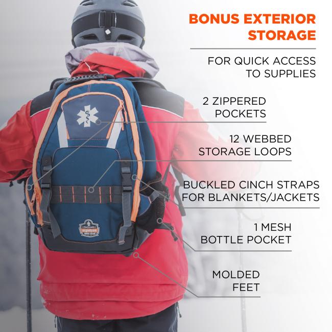 Bonus exterior storage: for quick access to supplies. 2 zippered pockets. 12 webbed storage loops. Buckled cinch straps for blankets/jackets. 1 mesh bottle pocket. Molded feet.