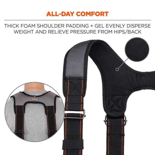 All-day comfort: thick foam shoulder padding + gel evenly disperse weight and relieve pressure from hips/back. Image shows detail of shoulder padding. 
