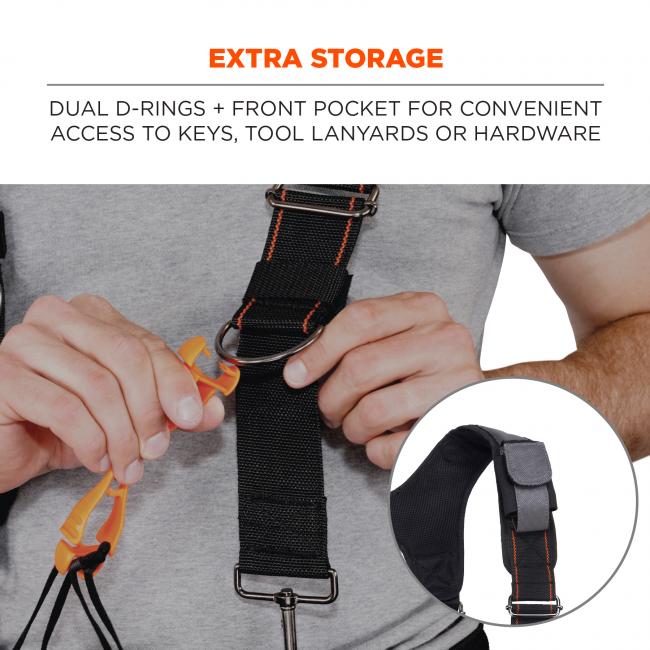 Extra storage: dual d-rings + front pocket for convenient access to keys, tool lanyards or hardware. Image shows person attaching glove clips to suspenders. 