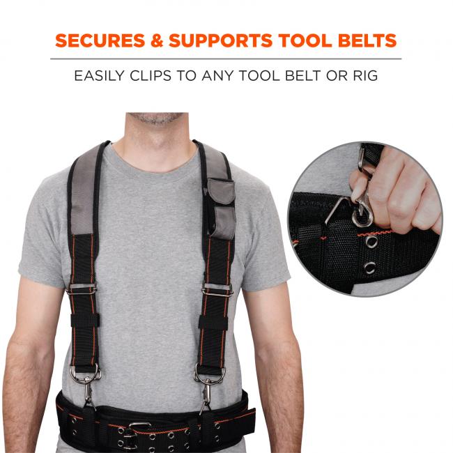 Secures & supports tool belts: easily clips to any tool belt or rig. Image shows worker wearing suspenders and tool belt. 
