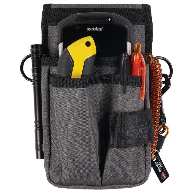 Tool pouch with device holster propped