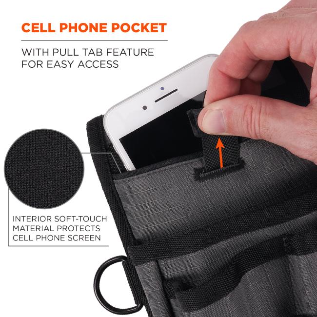 Cell phone pocket with pull tab feature for easy access. Interior soft-touch material protects cell phone screen