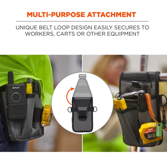 Multi-purpose attachment: unique belt loop design easily secures to workers, carts or other equipment