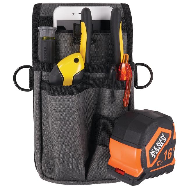 Tool pouch with device holster propped