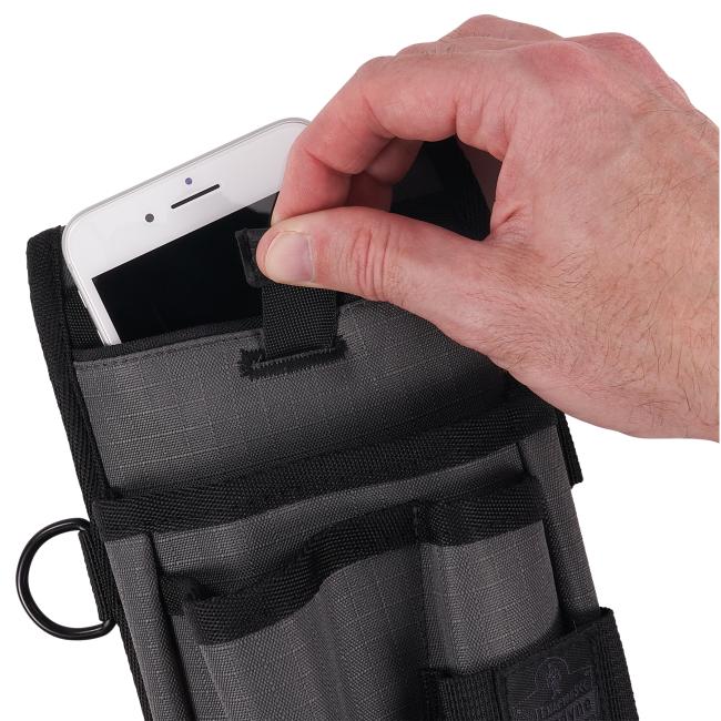 Tool pouch with device holster cell phone pull tab detail