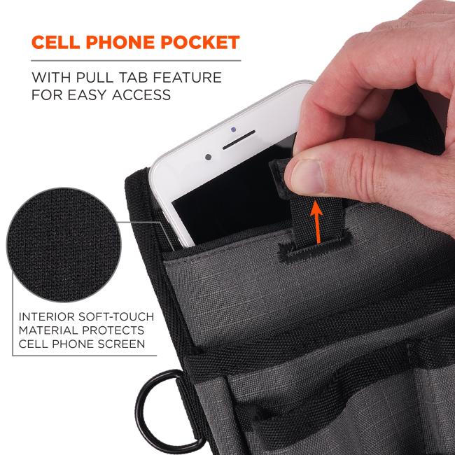 Cell phone pocket with pull tab feature for easy access. Interior soft-touch material protects cell phone screen