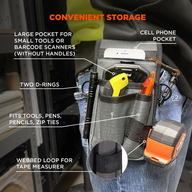 Convenient storage: large pocket for small tools or barcode scanners (without handles). Cell phone pocket, two d-rings, webbbed loop for tape measure. Fits tools, pens, pencils, zip ties
