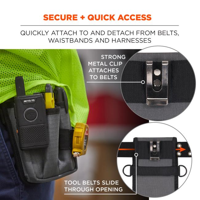 Secure and quick access: quickly attach to and detach from belts, waistbands and harnesses. strong metal clip attaches to belts. tool belts slide through opening