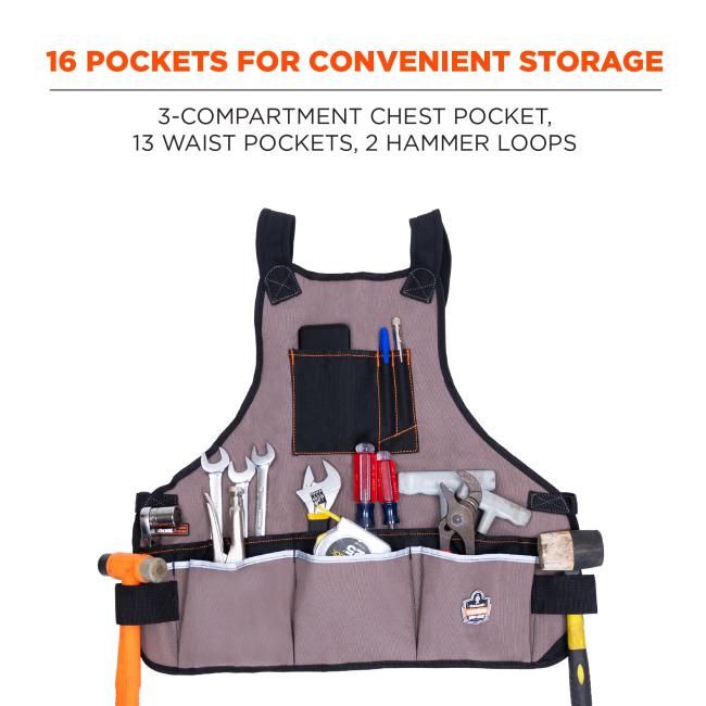 16 pockets for convenient storage: 3-compartment chest pocket, 13 waist pockets, 2 hammer loops 