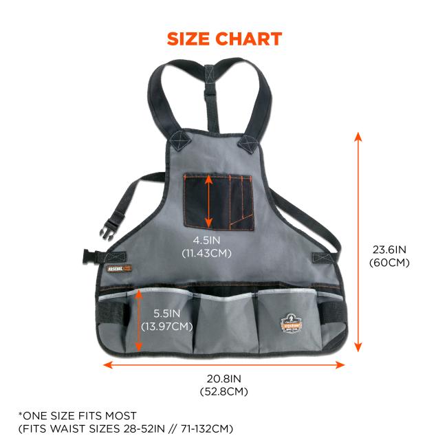 Size chart: one size fits most (fits waist sizes 28-52in // 71-132cm). Width is 20.8in (52.8cm). Height is 23.6in (60cm)> Height of chest pocket is 4.5in (11.43cm).
