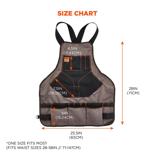 Size chart: One size fits most (fits waist sizes 28-58in // 71-147cm). Width is 25.5in (65cm) and height is 28in (71cm). Height of bottom pockets are 6in(15.24cm). Diagonal width of stomach pockets are 7.5in(19.05cm). Height of chest pocket is 4.5in(11.43cm).