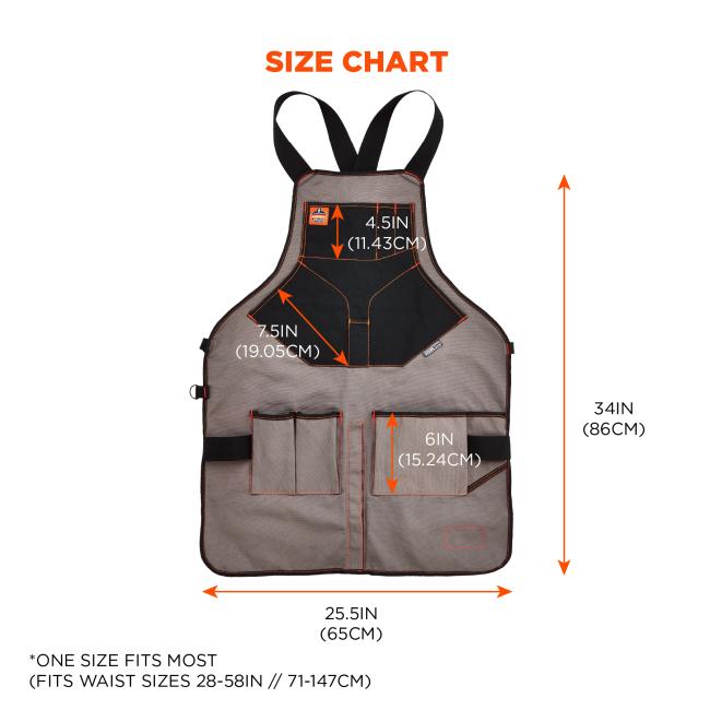 Size chart: one size fits most (fits waist sizes 28-58in // 71-147cm). Apron is 25.5in (65cm) wide, 34in(86cm) in height. Bottom pockets are 6in(15.24cm) in height. Stomach pockets are 7.5in (19.05cm) in width diagonally. Chest pocket is 4.5in (11.43cm) in height. 