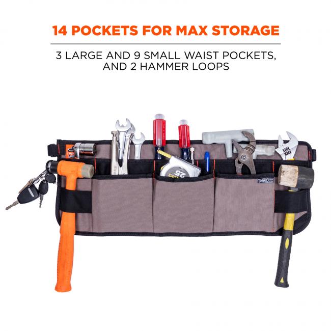 14 pockets for max storage: 3 large and 9 small waist pockets and 2 hammer loops