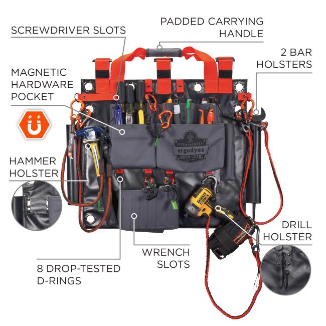 Screwdriver slots. Padded carrying handle. 2 bar holsters. magnetic hardware pocket. Hammer holster. 8 drop-tested d-rings. Wrench slots. Drill holster.