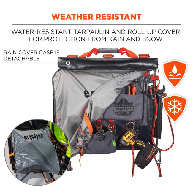 Weather resistant. Water-resistant tarpaulin and roll-up cover for protection from rain and snow. Rain cover case is detachable. Sun, wind, dust badges.