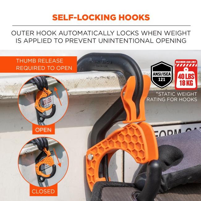 Self-locking hooks: outer hook automatically locks when weight is applied to prevent unintentional opening. Thumb release is required to open (image shows thumb release opening and closing hook). Meets ANSI/ISEA 121 standard. Max load limit is 40 lbs / 18kg (*static weight rating for hooks)