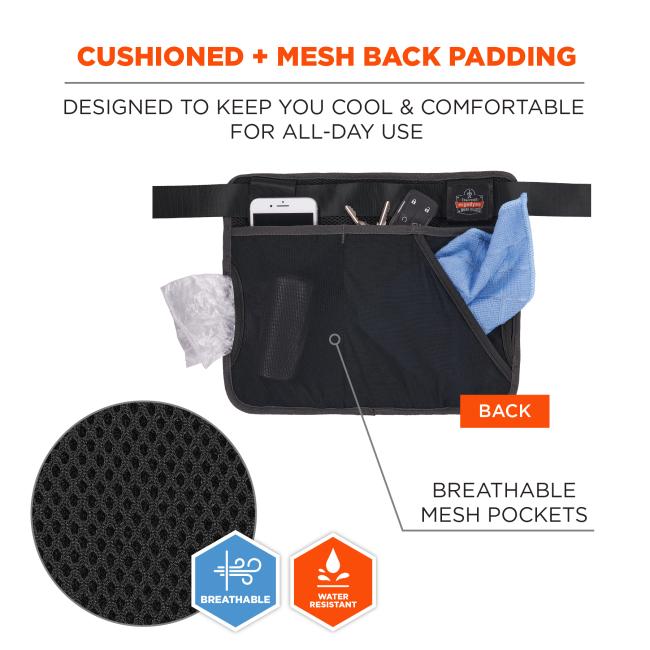 Cushioned with mesh back padding: designed to keep you cool and comfortable for all-day use. Image shows breathable mesh pockets on back. Material is breathable and water resistant. 