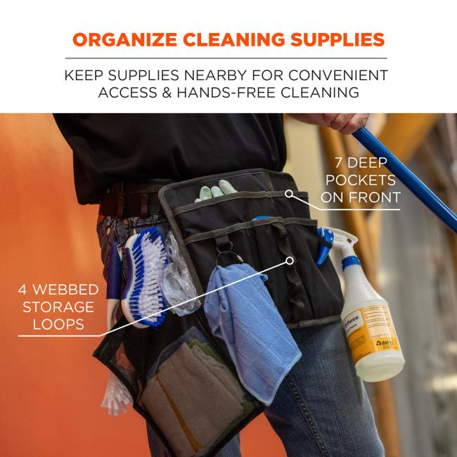 Organize cleaning supplies: keep supplies nearby for convenient access and hands-free cleaning. 4 webbed storage loops. 7 deep pockets on front. 