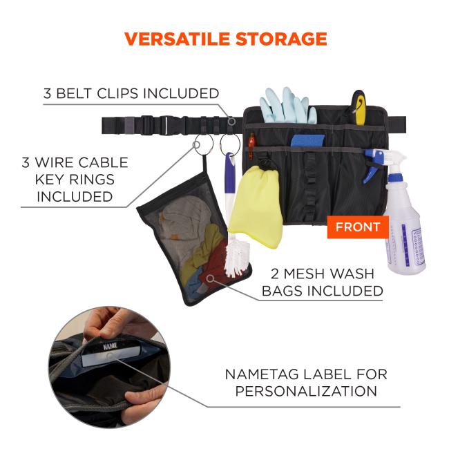 Versatile storage. 3 belt clips included. 3 wire cable rings included. 2 mesh wash bags included. Nametag label for personalization. 