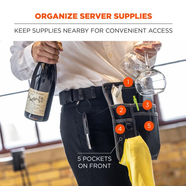 Organize server supplies: keep supplies nearby for convenient access. 5 pockets on front of pouch.