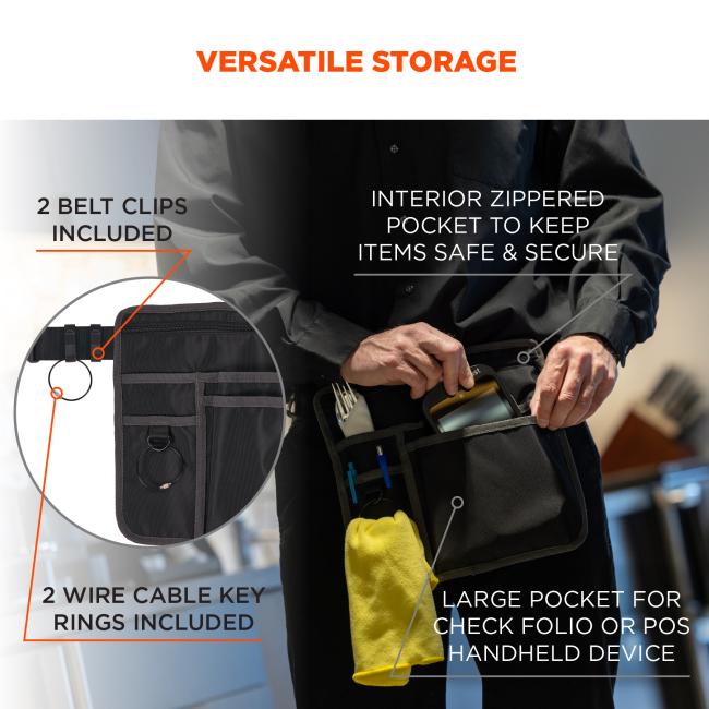 Versatile storage. 2 belt clips included. 2 wire cable key rings included. Interior zippered pocket to keep items safe and secure. Large pocket for check folio or POS handheld device. 
