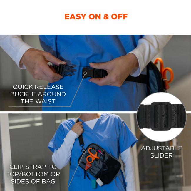 Easy on and off: quick release buckle around the waist. Clip strap to top/bottom or sides of bag. Adjustable slider.