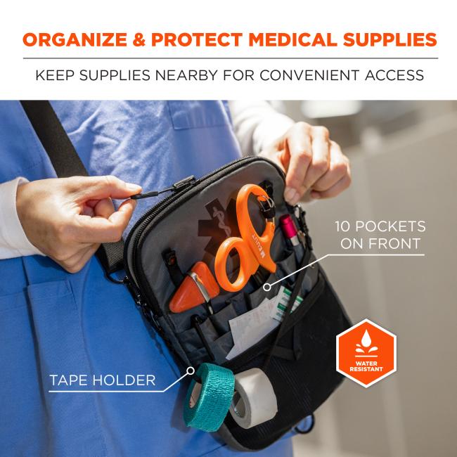 Organize and protect medical supplies: keep supplies nearby for convenient access. Includes a tape holder, and 10 pockets on front. Water resistant.