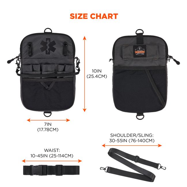 Size chart: apron is 7in (17.78cm) in length and 10in (27.94cm) in height. The waist range of the belt is 10-45in (25-114cm). Shoulder/sling is 30-55in (76-140cm).