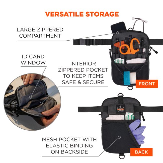 Versatile storage. Large zipper compartment. ID card window. Interior zippered pocket to keep items safe and secure. Mesh pocket with elastic binding on backside.