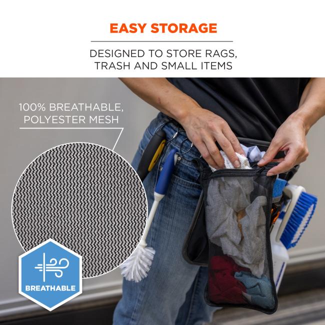 Easy storage: designed to store rags, trash and small items. 100% breathable polyester mesh. 