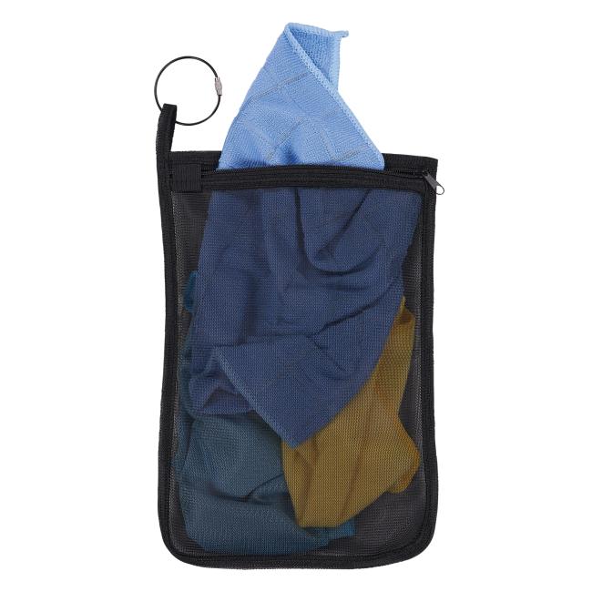 Bag propped with ring and towels