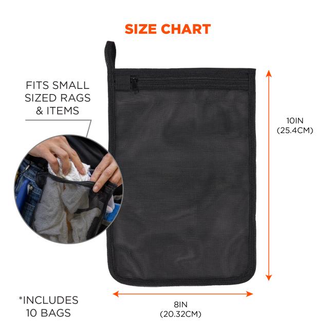 Size chart: bags are 8in (20.32cm) x 10in (25.4cm). Fits small sized rags and items. *includes 10 bags. 