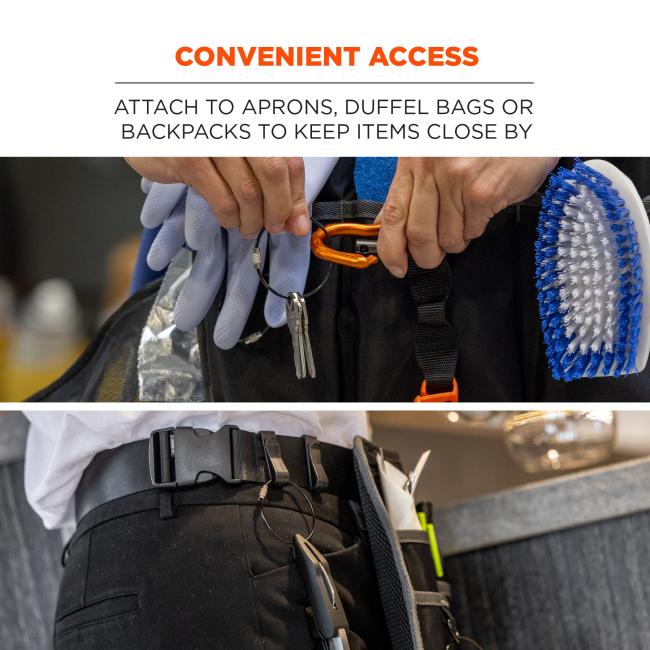 Convenient access: attach to aprons, duffel bags or backpacks to keep items close by. 