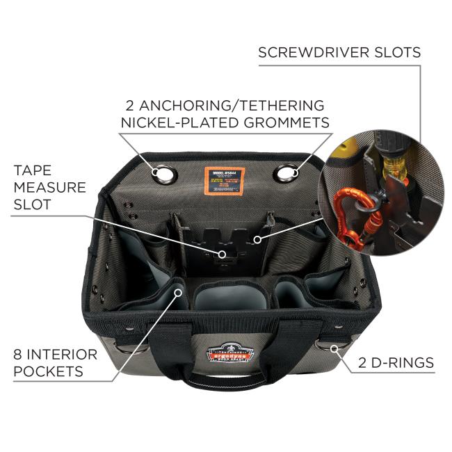 2 anchoring/tethering nickel-plated grommets. Tape measure slot. Screwdriver slots. 8 interior pockets. 2 d-rings.