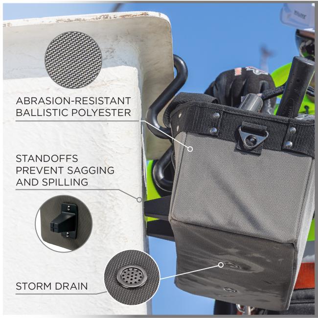 Abrasion-resistant ballistic polyester. Standoffs prevent sagging and spilling. Storm drain.