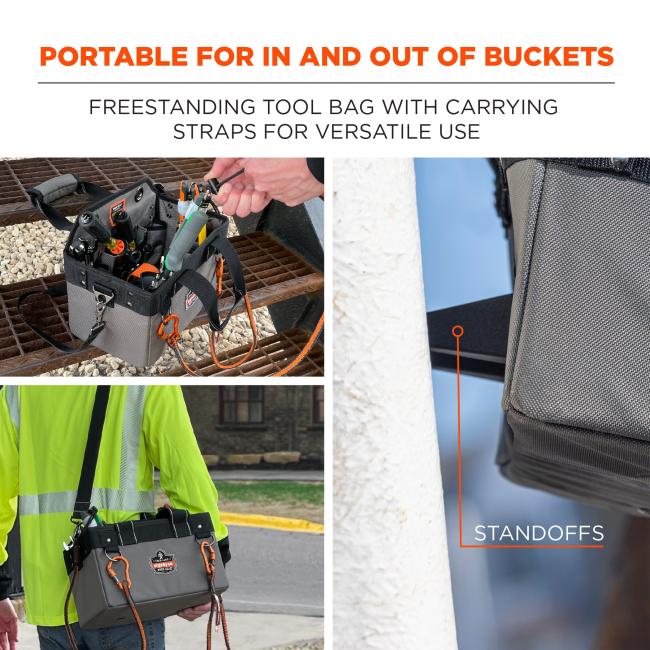 Portable for in and out of buckets. Freestanding tool bag with carrying straps for versatile use.