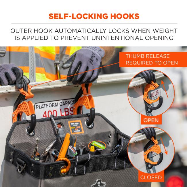 Self-locking hooks: outer hook automatically locks when weight is applied to prevent unintentional opening. Thumb release required to open. Image shows thumb release opening and closing hook. 