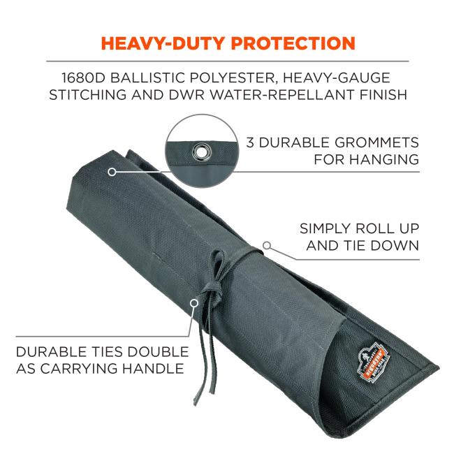 Heavy-duty protection.n 1680D ballistic polyester, heavy-gauge stitching and DWR water-repellant finish. 3 durable grommets for hanging. Simply roll up and tie down. Durable ties double as carrying handle.