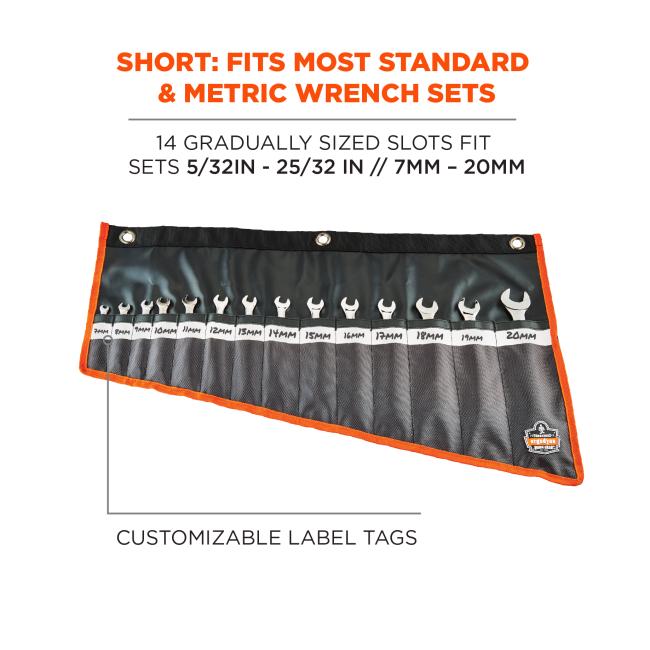 Short: fits most standard and metric wrench sets. 14 gradually sized slots fit sets 5/32 inch - 25/32 inch (7mm - 20mm). Customizable labels tags.