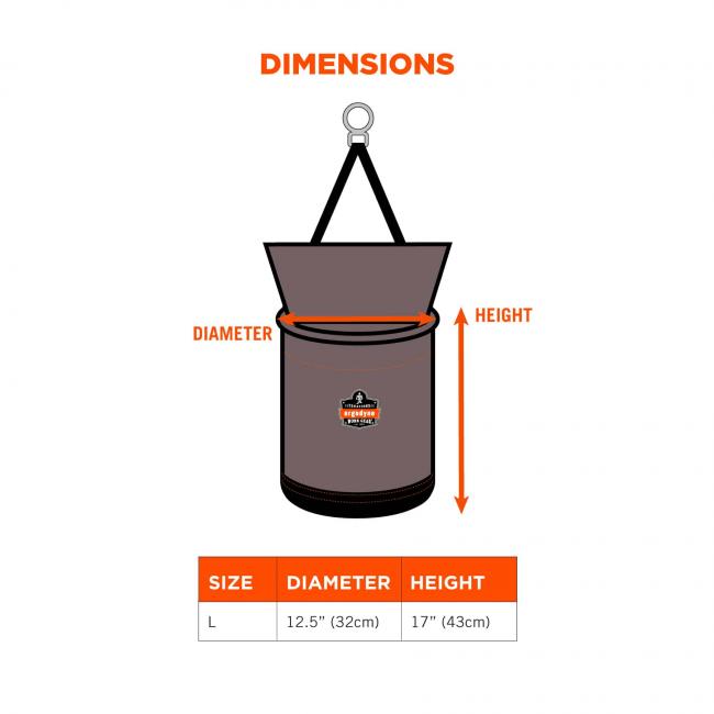 Dimensions. Size L, Diameter 12.5” (32cm), Height 17” (43cm). 