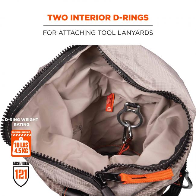 Two interior d-rings: for attaching tool lanyards. D-ring weight rating: 10lbs/4.5 kg. ANSI/ISEA 121 rated.