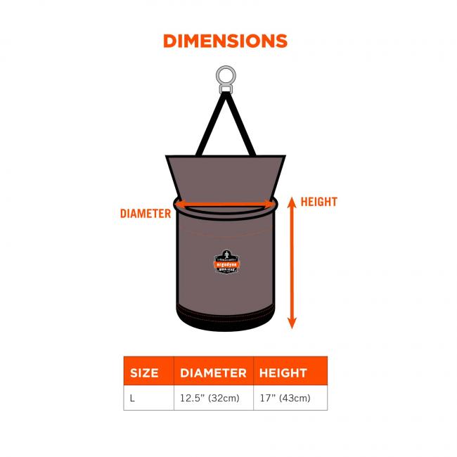 Dimensions. Size L, Diameter 12.5” (32cm), Height 17” (43cm). 