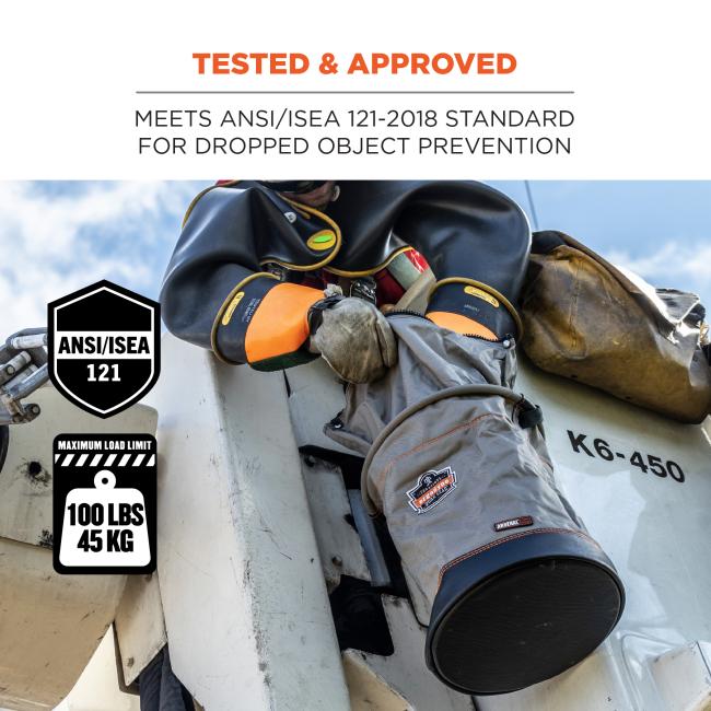 Tested & approved: Meets ANSI/ISEA 121-2018 standard for dropped object prevention. Max. Load limit: 100lbs / 45kg. ANSI/ISEA 121 rated. 