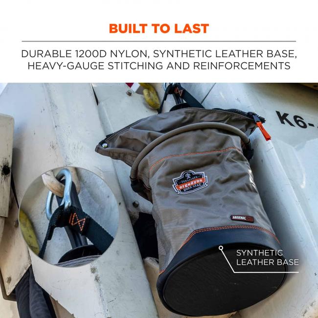 Built to last: durable 1200D nylon, synthetic leather base, heavy-gauge stitching and reinforcements. Arrow points to synthetic leather base. 