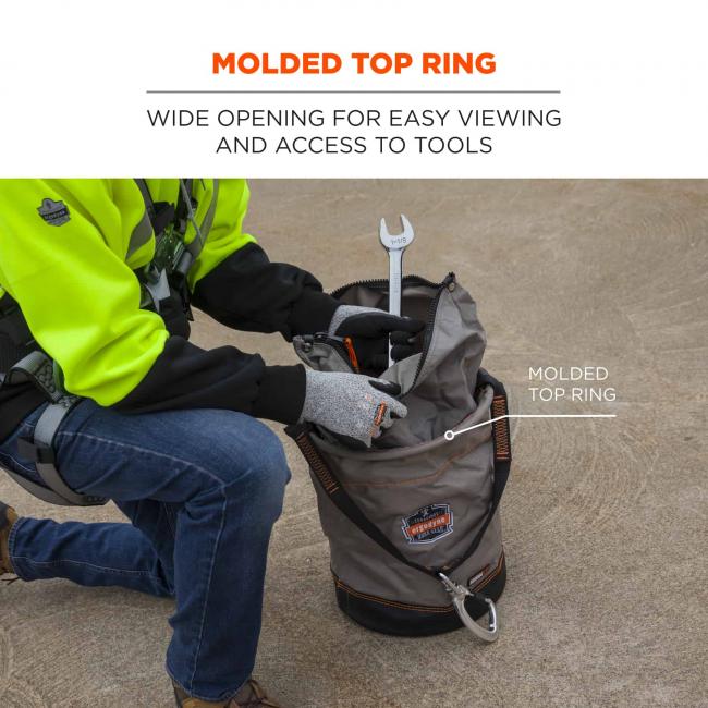 Molded top ring: wide opening for easy viewing and access to tools. Arrow points to molded top ring