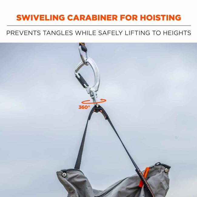 Swiveling carabiner for hoisting: prevents tangles while safely lifting to heights. Arrow shows carabiner can go 360 degrees around. 