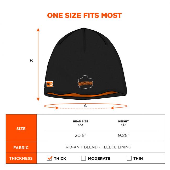 One size fits most. Head size is 20.5 inches around, and hat height is 9.25 inches. Fabric is a rib-knit blend with fleece lining, and is thick rated.