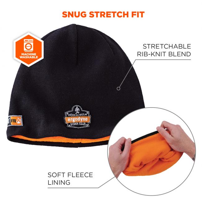 Snug stretch fit. Stretchable rib-knit blend. Soft fleece lining. Machine washable